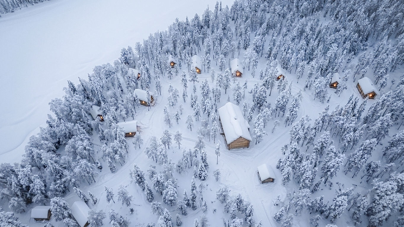 Aerial view of Áila's snow-covered log cabins among frosted trees beside a frozen lake, windows glowing
